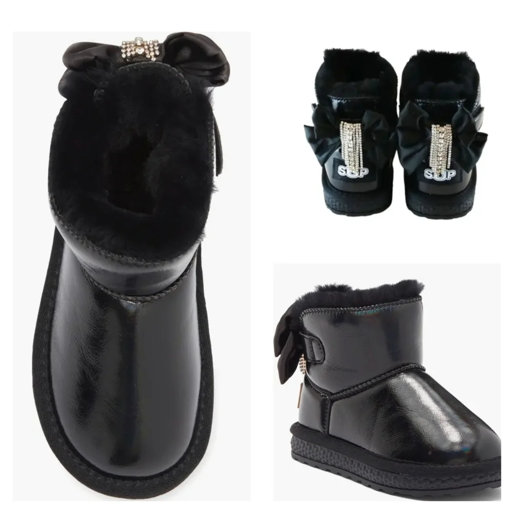 Metallic Black Faux Fur Rhinestone Tassel Bow Boots